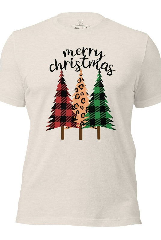 Get ready to unleash your wild side this Christmas with our unique shirt. This design is a bold and playful take on the holiday season, featuring three Christmas trees adorned with fierce cheetah print on a heather dust colored shirt. 