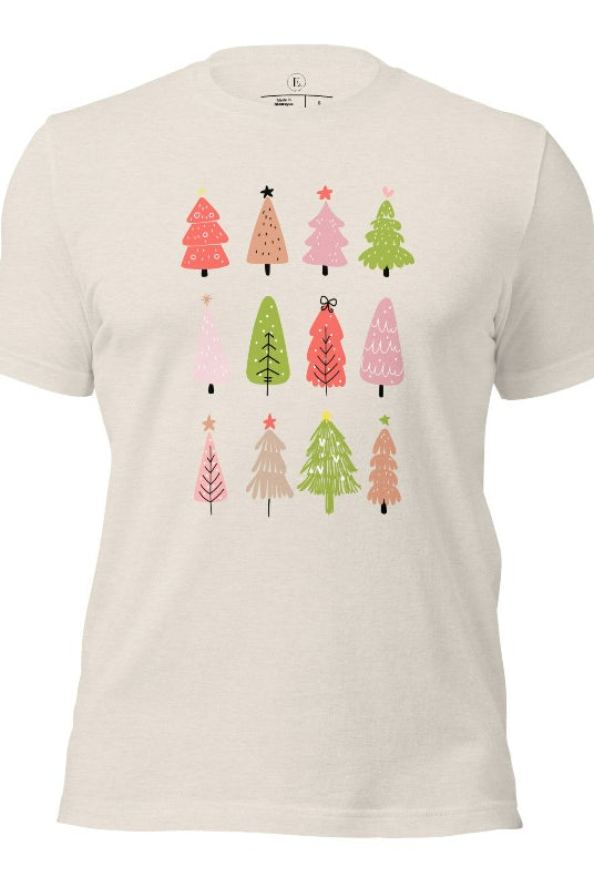 Upgrade your holiday fashion with our contemporary Christmas shirt. The shirt features three rows of multiple different modern Christmas trees in each row, creating a trendy and charming design on a heather dust colored shirt. 