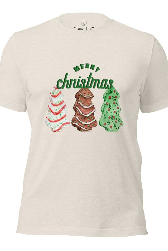 Relive the nostalgia of your childhood with our Christmas shirt that features the beloved classic Christmas tree cookies on a heather dust shirt.