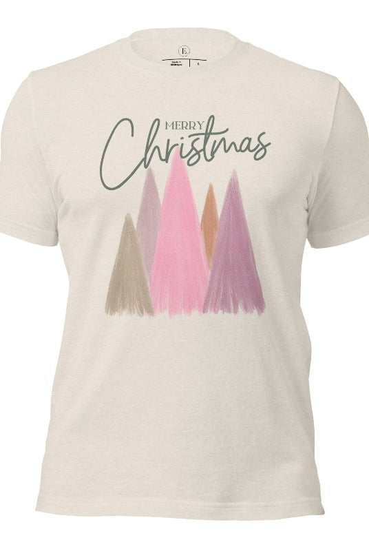 Merry Christmas modern minimalist pastel Christmas trees on printed on a heather dust shirt.
