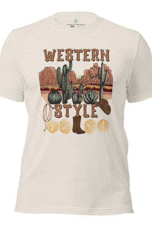 Embrace the rugged charm of the Wild West with our country western shirt featuring the iconic phrase "Western Style" set against a stunning desert background on a heather dust colored shirt. 