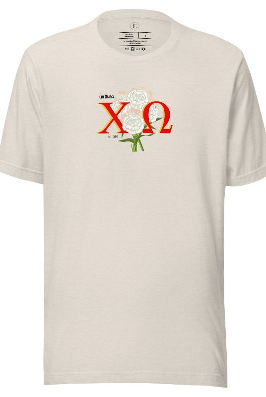 Show off your Chi Omega spirit with our stunning sorority t-shirt design! This shirt is designed with the sorority letters and a beautiful white carnation on a heather dust shirt. 