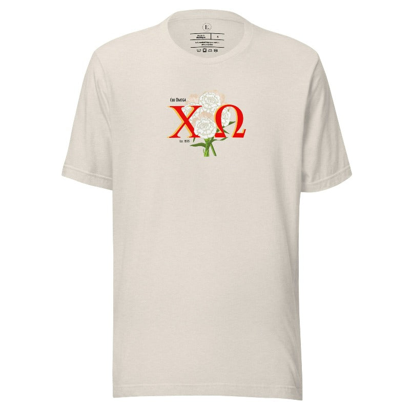 Show off your Chi Omega spirit with our stunning sorority t-shirt design! This shirt is designed with the sorority letters and a beautiful white carnation on a heather dust shirt. 