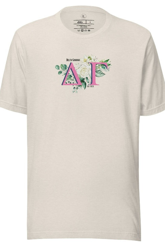 Display your Delta Gamma pride with our sorority t-shirt design! Featuring the sorority letters and the exquisite cream rose on a heather dust shirt. 