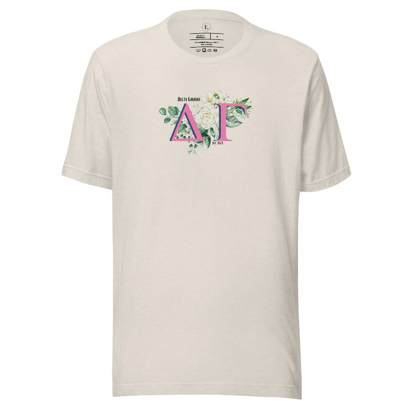 Display your Delta Gamma pride with our sorority t-shirt design! Featuring the sorority letters and the exquisite cream rose on a heather dust shirt. 