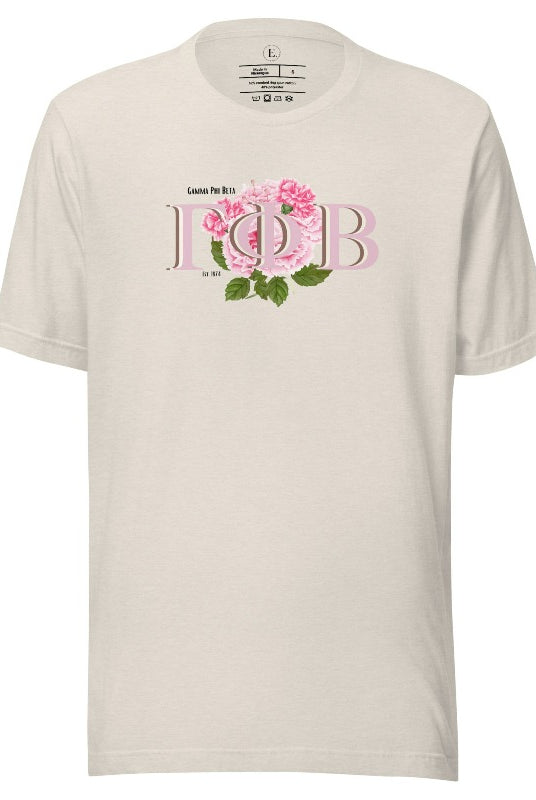 Are you looking for a way to show off your Gamma Phi Beta pride? Look no further than our sorority t-shirt design! Our shirts feature the sorority letters and a beautiful pink carnation, representing the values of sisterhood and beauty that Gamma Phi Beta stands for on a heather dust shirt. 