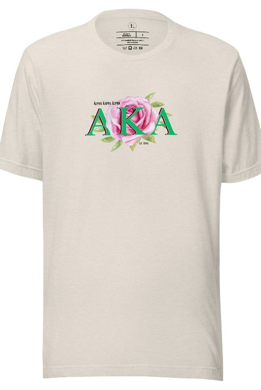 Show off your Kappa Alpha Kappa sisterhood with our stunning t-shirt featuring the sorority letters and the graceful pink tea rose on a heather dust shirt. 