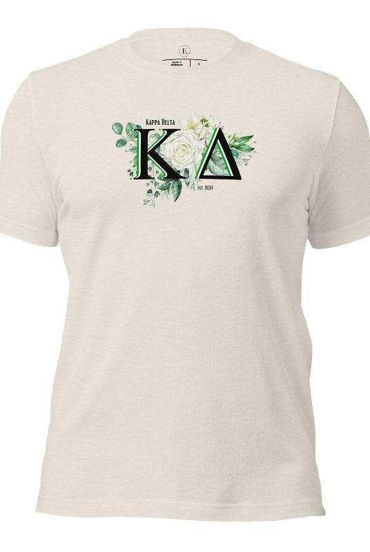 Elevate your Kappa Delta sisterhood with our stunning t-shirt, featuring the sorority letters and the elegant white rose on a heather dust shirt. 