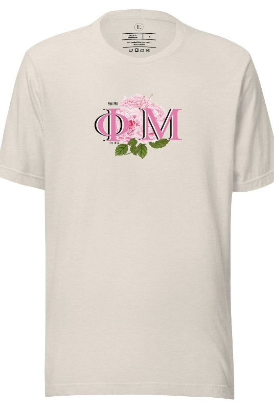 Looking for a stylish t-shirt to elevate your Phi Mu sisterhood? Our design features the sorority letters and beautiful pink carnations on a heather dust shirt. 