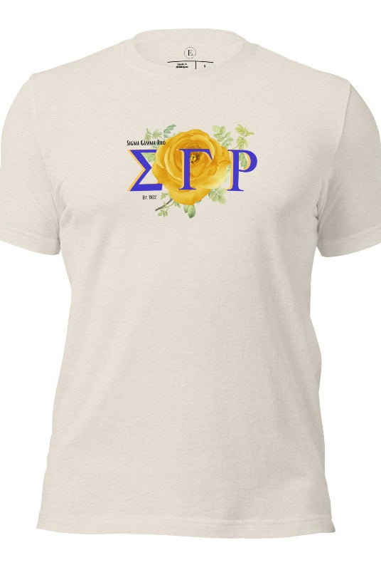 Looking for a stylish way to show your pride for Sigma Gamma Rho? Our stunning t-shirt features the sorority letters and a vibrant yellow tea rose on a heather dust shirt. 