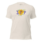 Looking for a stylish way to show your pride for Sigma Gamma Rho? Our stunning t-shirt features the sorority letters and a vibrant yellow tea rose on a heather dust shirt. 