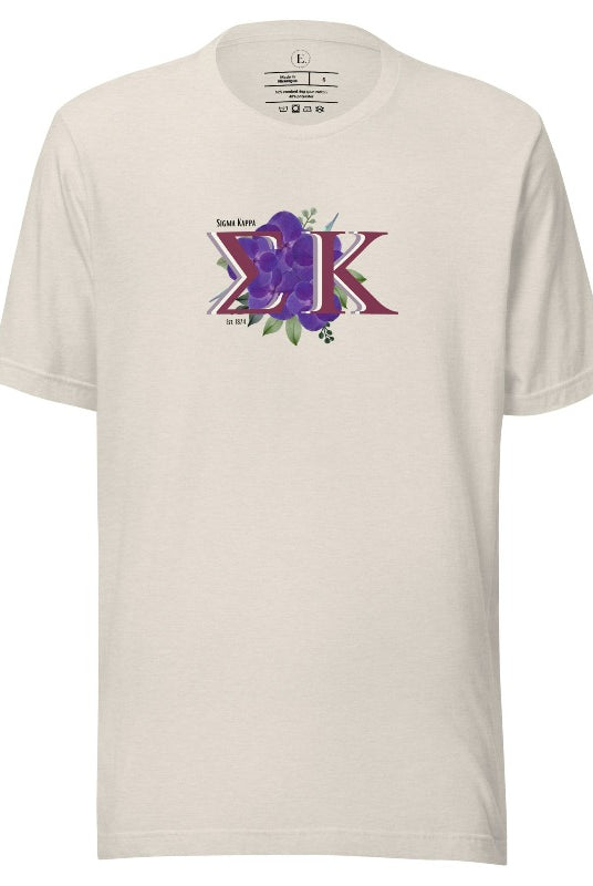 Looking for a way to showcase your Sigma Kappa pride? Look no further than our stylish t-shirt, featuring the sorority's iconic letters and the enchanting wild purple violets on a heather dust shirt. 