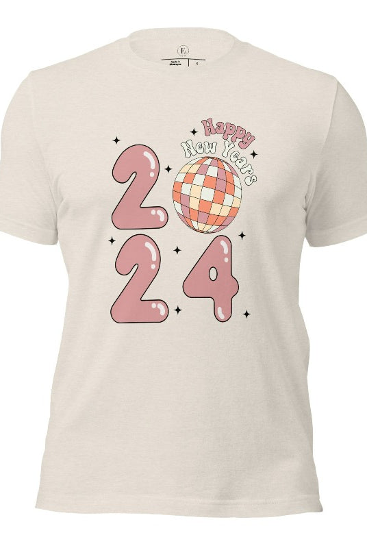 Step into the new year in dazzling style with our 'Happy New Year 2024' shirt. Featuring a shimmering disco ball as the '0' this eye catching design exudes festivity and fun on a heather dust colored shirt. 