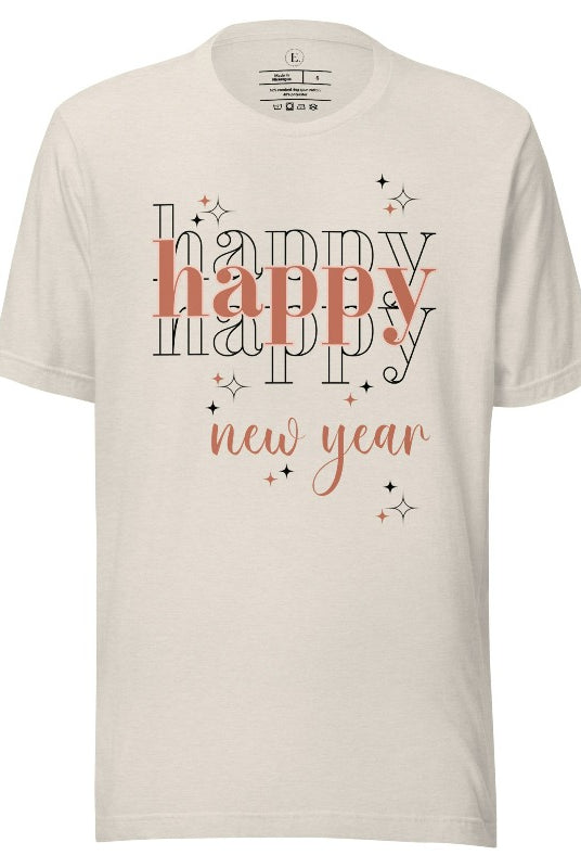 Celebrate in style with our 'Happy Happy Happy New Year' shirt. Embrace the joy of the season with this vibrant design, perfect for ringing in the new year. Crafted with comfort in mind and bursting with festive cheer, on a heather dust colored shirt. 