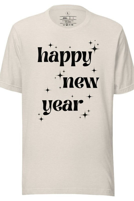 Ring in the New Year with our stunning Happy New Year shirt featuring captivating modern star designs on a heather dust colored shirt. 
