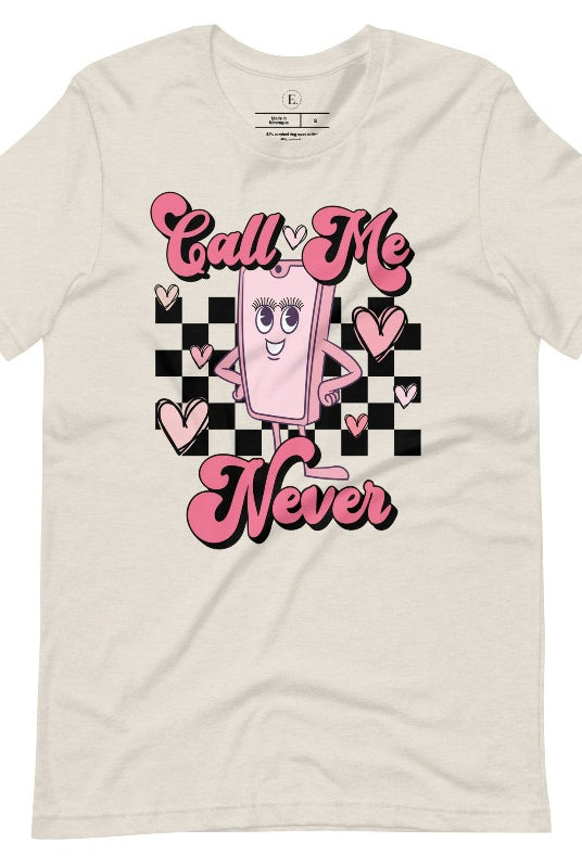 Step back in time with our retro Valentine's Day shirt. Featuring a quirky cell phone person, this tee adds a playful twist to the season of love on a heather dust colored shirt. 