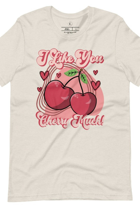 Express your affection with our charming Valentine's Day shirt! Featuring adorable cherries and the sweet message " I Love You Cherry Much," on a heather dust colored shirt. 