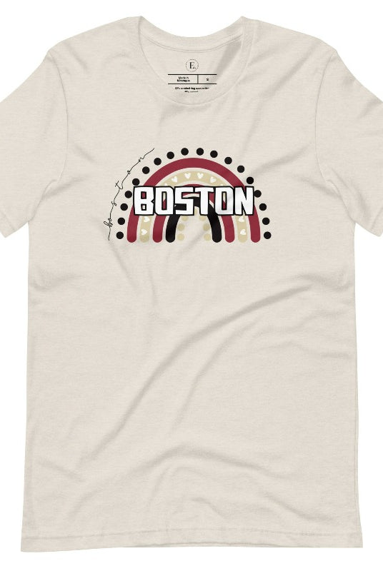 Show off your pride with this Boston College t-shirt. The iconic BC school colors stands out in this modern and trendy rainbow background, representing the school spirit. With the classic Boston wordmark across the rainbow on a heather dust colored shirt. 