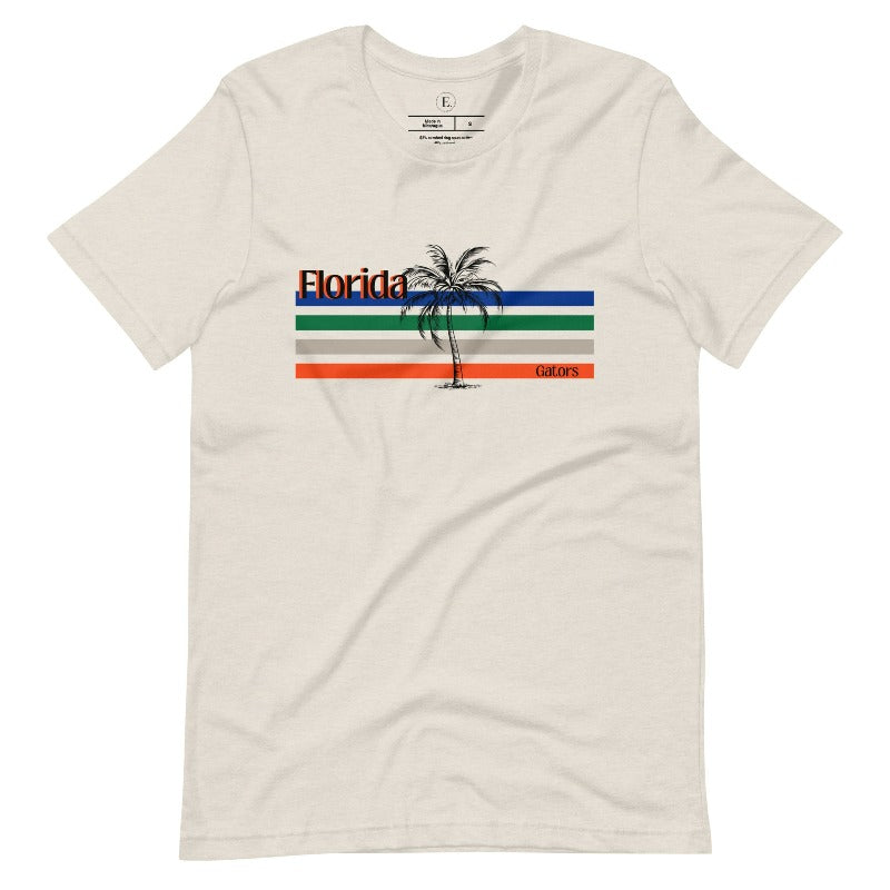 Celebrate your love for the Florida Gators with our modern-inspired retro t-shirt. It captures the essence of campus life, featuring school colors in lines and a palm tree motif on a heather dust shirt.