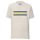 Revive retro collegiate fashion with our Michigan graphic tee. Bosting classic school colors and minimalist design, this men's shirt features distinctive chest stripes with "Michigan" in bold block lettering on a heather dust colored shirt. 