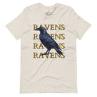 Fly high with our Bella Canvas 3001 unisex tee showcasing the spirited 'Ravens Ravens Ravens Ravens' design and a majestic Raven illustration on a heather dust colored shirt. 