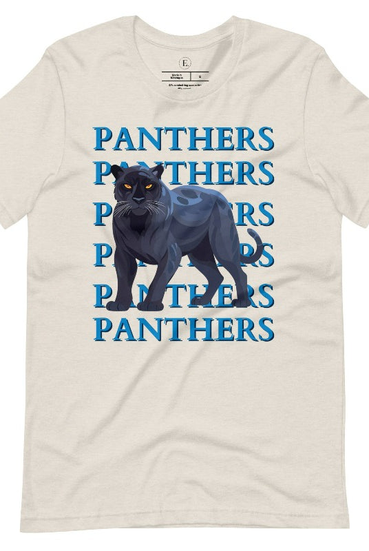 Show your Panthers pride with our Bella Canvas 3001 unisex graphic t-shirt featuring the dynamic 'Panthers Panthers Panthers Panthers' design, complete with a fierce black panther illustration on a heather dust colored shirt. 