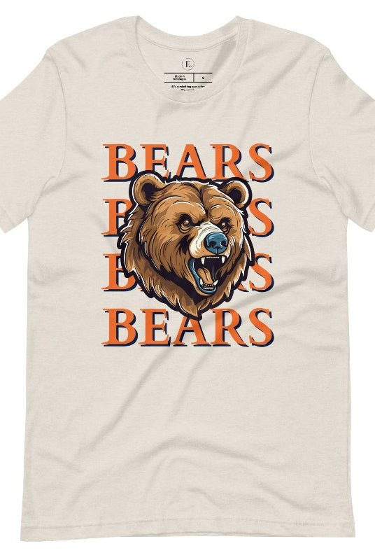 Roar into the game day spirit with our Bella Canvas 3001 unisex graphic tee! Unleash your love for the Chicago Bears with our exclusive design featuring a fierce bear illustration and the spirited mantra "Bears Bears Bears Bears" on a heather dust shirt. 