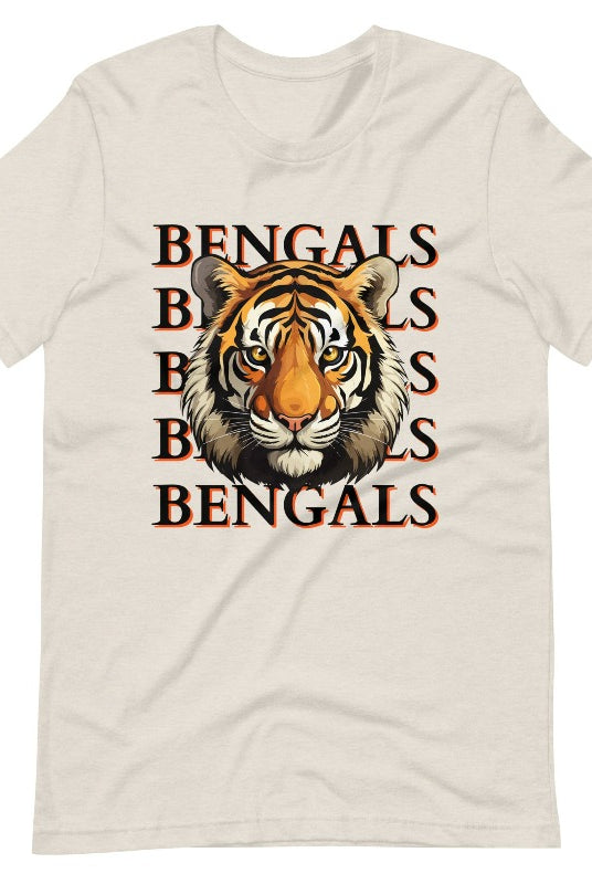 Our exclusive design features a fierce Siberian tiger face and the spirited mantra "Bengals Bengals Bengals Bengals." Unleash your inner roar with our comfortable Bella Canvas 3001 unisex graphic tee and show your stripes as a Cincinnati Bengals fan on a heather dust colored shirt. 