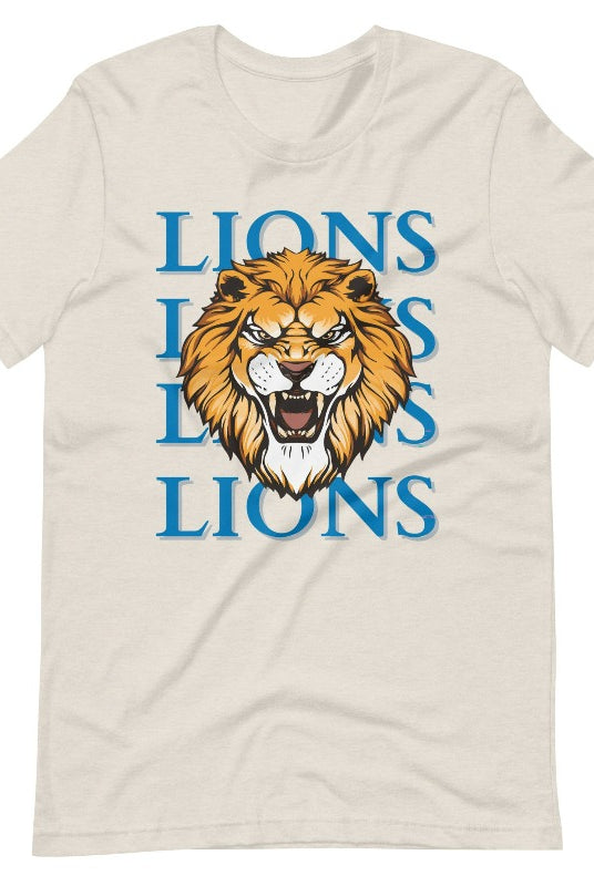Roar in style with our Bella Canvas 3001 unisex graphic t-shirt featuring the "Lions Lions Lions Lions" design! Show your support for the Detroit Lions NFL football team with this bold heather dust colored tee.