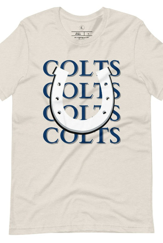 Horseshoe luck meets game day charm! Elevate your Colts pride with our Bella Canvas 3001 unisex tee featuring the spirited mantra "Colts Colts Colts Colts Colts" and a horseshoe illustration on a heather dust colored shirt. 