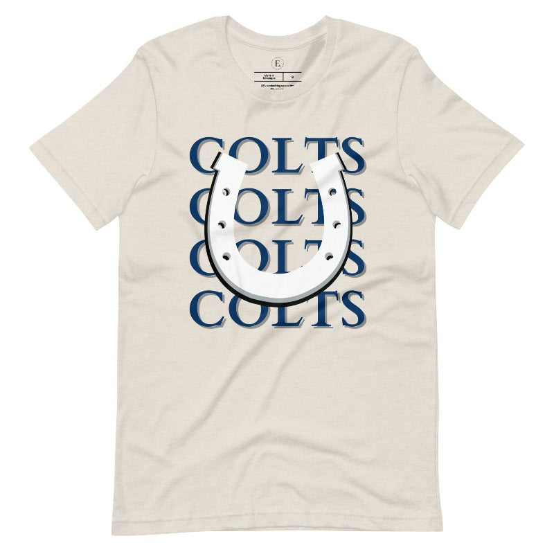 Horseshoe luck meets game day charm! Elevate your Colts pride with our Bella Canvas 3001 unisex tee featuring the spirited mantra "Colts Colts Colts Colts Colts" and a horseshoe illustration on a heather dust colored shirt. 