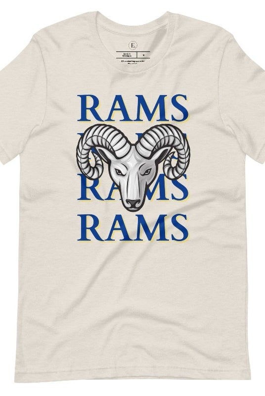 Unleash the Rams spirit with our Bella Canvas 3001 unisex tee! Elevate your game day style with the mantra 'Rams Rams Rams Rams' and a bold Rams head illustration on a heather dust colored shirt. 