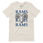 Unleash the Rams spirit with our Bella Canvas 3001 unisex tee! Elevate your game day style with the mantra 'Rams Rams Rams Rams' and a bold Rams head illustration on a heather dust colored shirt. 