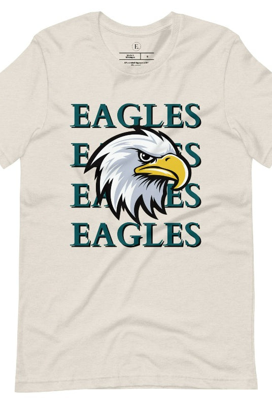 Get ready to soar high with our Bella Canvas 3001 unisex graphic t-shirt! Show your love for the Philadelphia Eagles NFL football team with our "Eagles Eagles Eagles Eagles" tee featuring a majestic American Eagle illustration on a heather dust colored shirt. 