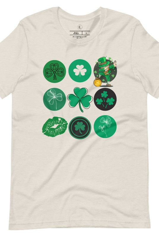 Celebrate Saint Patrick's Day in style with our Bella Canvas 3001 unisex graphic t-shirt! Get ready for the luckiest day of the year with our festive design featuring 3 rows of 3 vibrant and whimsical Saint Patrick's Day images on a heather dust colored shirt. 