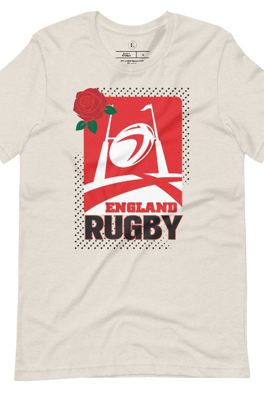 Introducing our England Rugby Graphic T-Shirt – the ultimate expression of style, passion, and support for the English rugby team on this heather dust colored shirt. 
