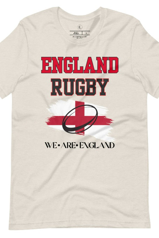 Introducing our England Rugby Graphic T-Shirt - a dynamic and spirited way to showcase your unwavering support for the English rugby team! This captivating t-shirt features the words "England Rugby" and the iconic England flag, with the powerful statement "We are England" proudly displayed beneath the flag on a heather dust colored shirt. 