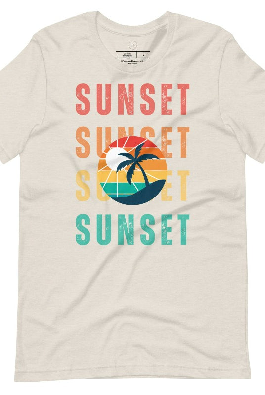 Capture the essence of tropical paradise with our Sunset t-shirt. This shirt features four rows of the word 'sunset' surrounding a stunning palm tree, bringing a laid-back, beachy vibe to your wardrobe with this heather dust tee. 