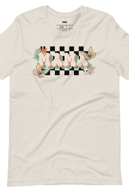 Cream Mama Graphic Tee with Checkered Background of Butterflies and Flowers | Mama Shirts, Mom Shirts