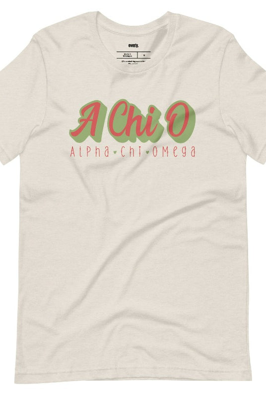 Stylish A Chi O Alpha Chi Omega graphic tee perfect for sorority shirts, featuring retro design and classic comfort. Cream Graphic Tee