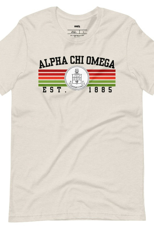 Alpha Chi Omega Est 1885 sorority crest graphic tee - the perfect addition to your collection of chic and trendy sorority shirts. Cream graphic Tee