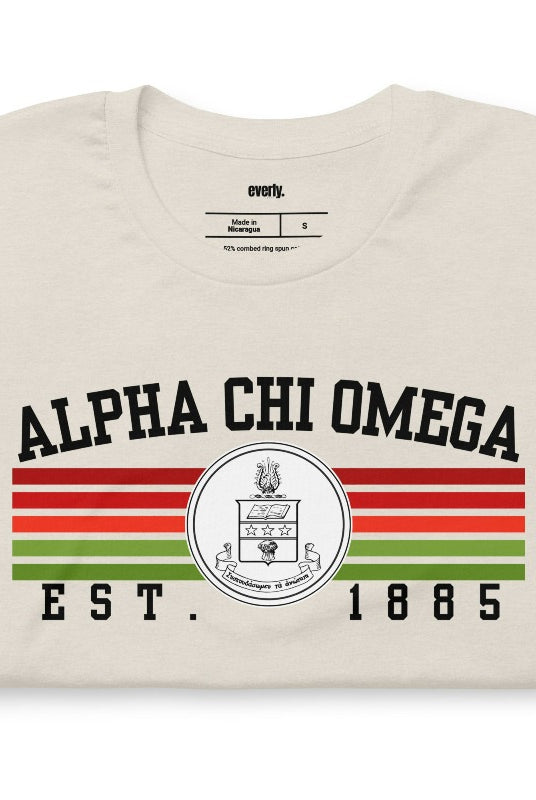 Alpha Chi Omega Est 1885 sorority crest graphic tee - the perfect addition to your collection of chic and trendy sorority shirts. Cream Graphic Tee