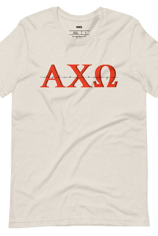 Elevate your sorority style with this Alpha Chi Omega Letters graphic tee - a must-have for any collection of sorority shirts that showcases your Alpha Chi Omega pride. Cream graphic Tee