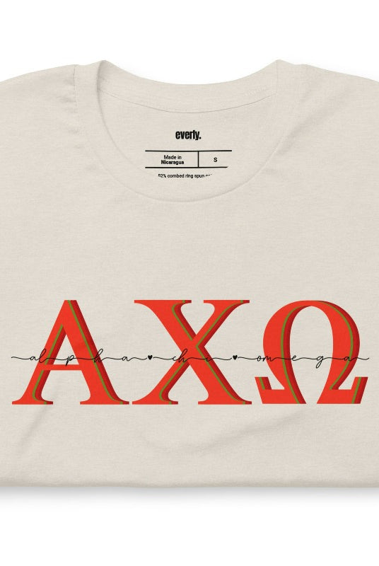 Elevate your sorority style with this Alpha Chi Omega Letters graphic tee - a must-have for any collection of sorority shirts that showcases your Alpha Chi Omega pride. Cream graphic Tee