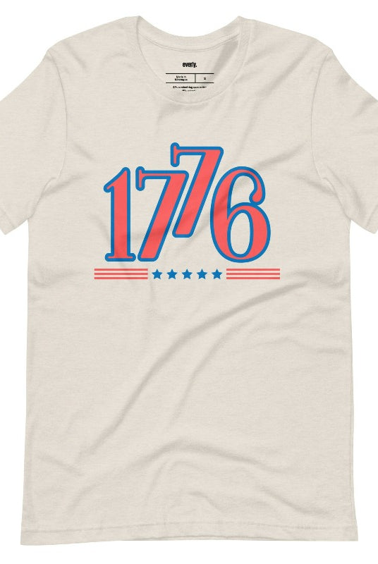 Close-up of a USA July 4th graphic t-shirt with the number '1776' prominently displayed on the front. The shirt features a patriotic design and is perfect for celebrating Independence Day in style on a heather dust graphic t-shirt.
