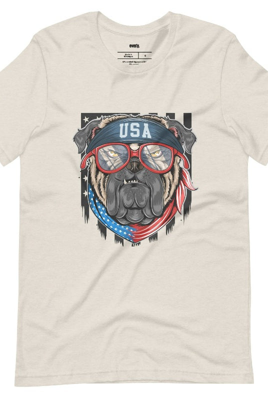 Cute and cool USA July 4th graphic tee featuring a bulldog wearing sunglasses and a USA bandana on the front, perfect for showing off your patriotic and playful side on a heater dust graphic tee.