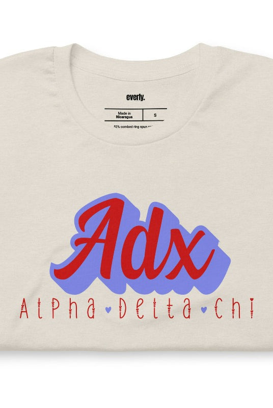 Heather Dust graphic tee featuring ADX in bold lettering for Alpha Delta Chi sorority