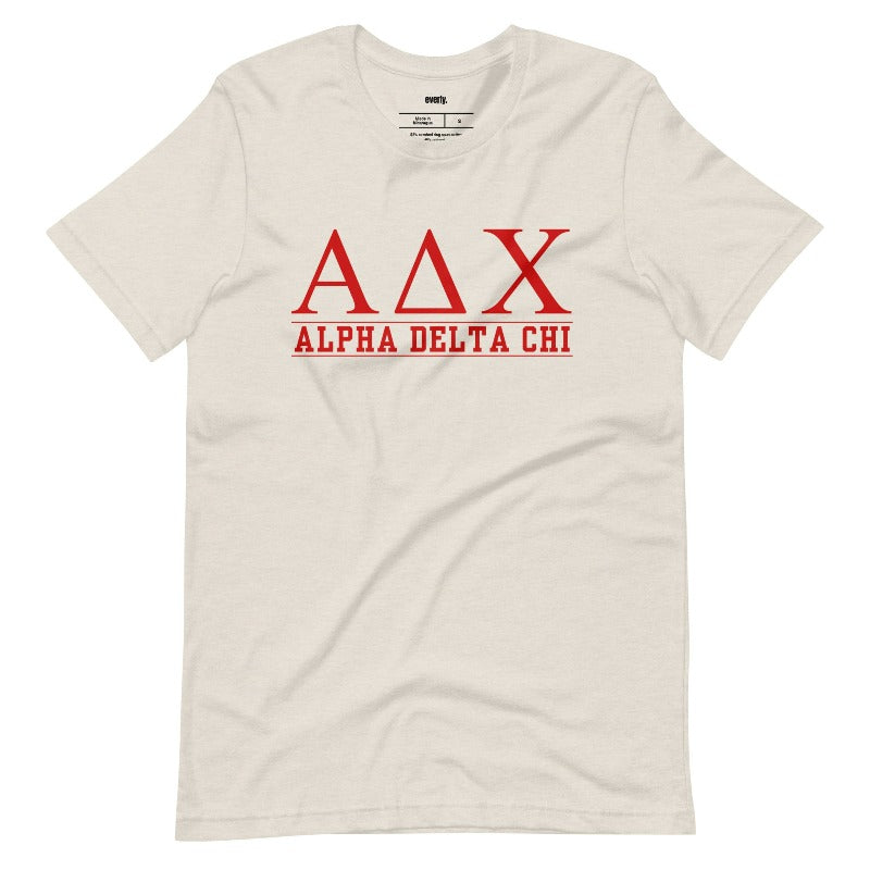 Heather Dust graphic tee featuring Alpha Delta Chi letters with 'Alpha Delta Chi' written below