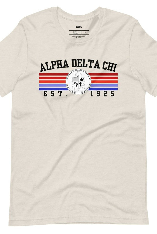 Heather dust graphic tee featuring the Alpha Delta Chi sorority letters and crest