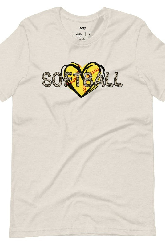 Cheetah print softball lettering on top of a softball heart on a heather dust graphic tee.